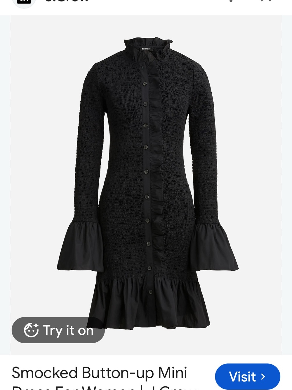 J. Crew Black Smocked Button-Up Mini Dress with Ruffle Trim